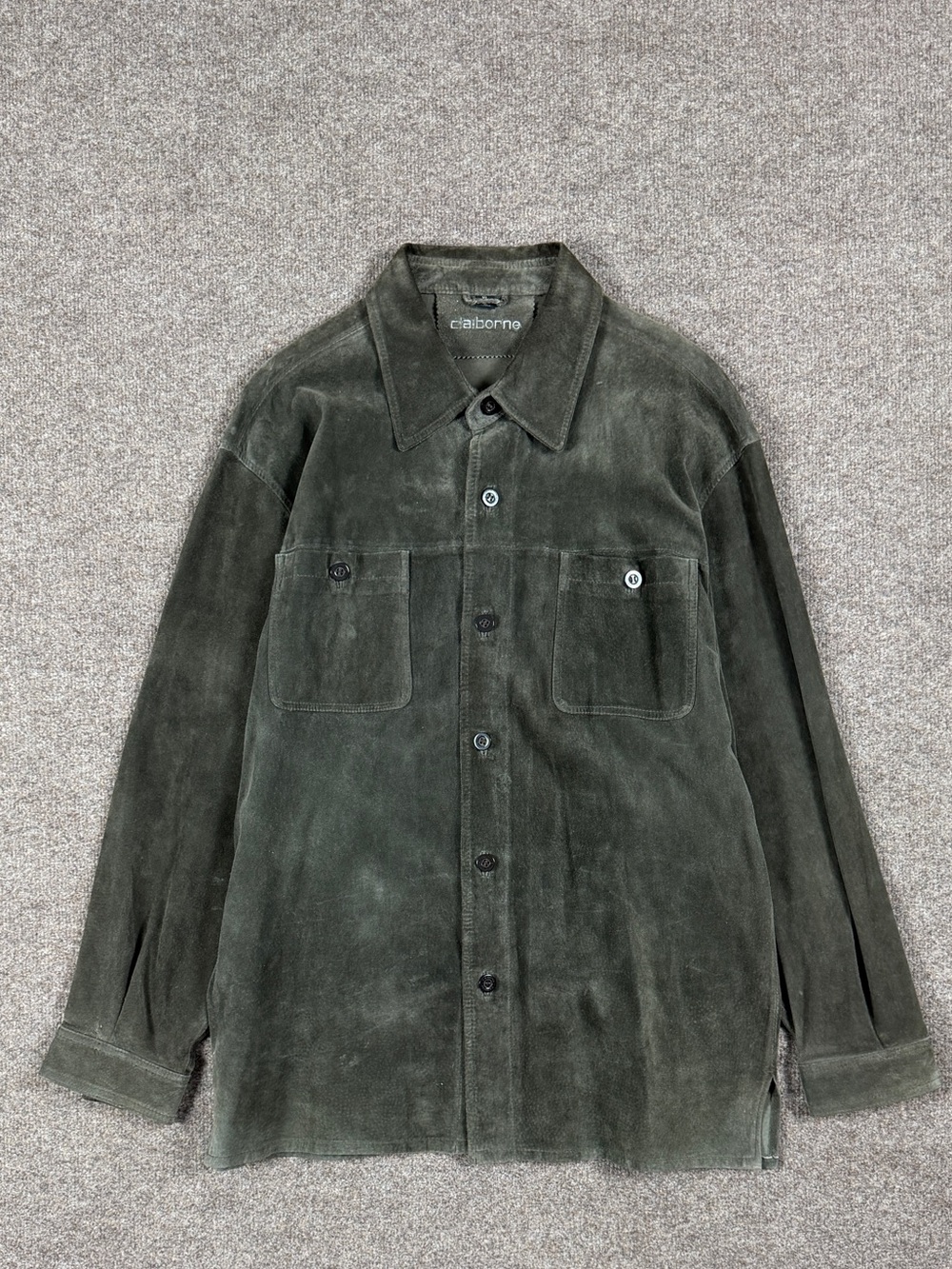 Vintage Green Suede Leather Button Up Collared Lightweight Shirt Jacket Men’s XL